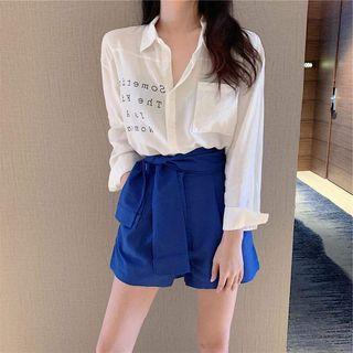 Lettering Shirt / Tie Waist Plain Shorts