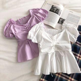Plain V-neck Short-sleeve Ruffled-trim Short-sleeve Blouse