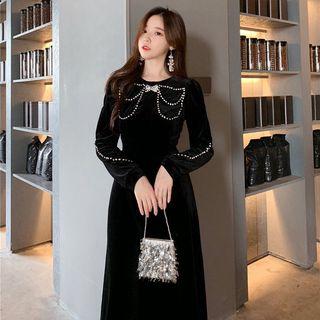 Long-sleeve Rhinestone Bow Midi Velvet Dress Black - One Size