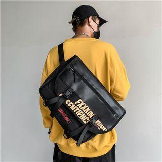 Lettering Faux Leather Messenger Bag Black - One Size