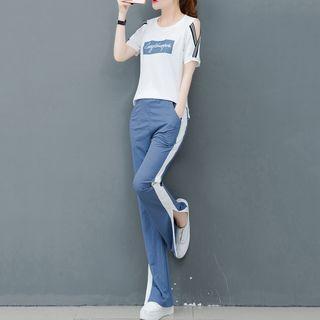 Set: Short-sleeve Cold-shoulder T-shirt + Slit Sweatpants