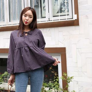 Tie-neck Plaid A-line Top