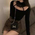 Long-sleeve Mock-neck Cutout Cropped T-shirt
