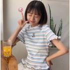 Embroidered Pig Frilled Striped Short-sleeve Knit Top