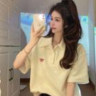 Short-sleeve Letter Embroidered Polo Shirt Milky White - One Size