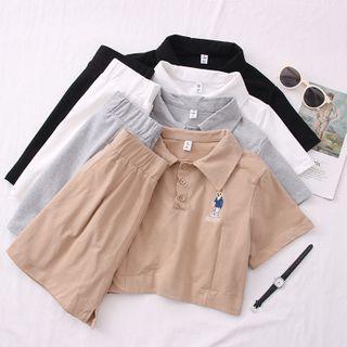 Set: Bear-embroidered Crop Polo Shirt + High-waist Mini Skirt