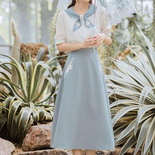 Set: Short-sleeve Floral Embroidered Blouse + Midi A-line Skirt