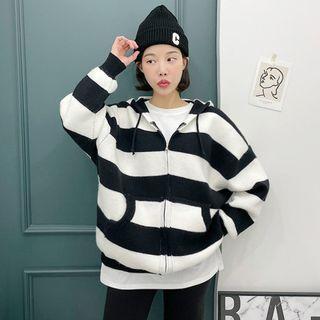 Stripe Knit Kangaroo Zip Hoodie Black - One Size