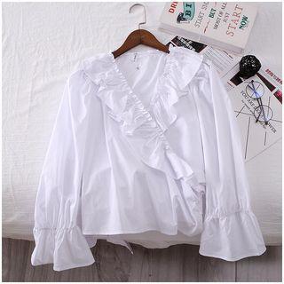 Bell-sleeve Ruffle Trim Tie-waist Top