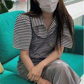 Puff-sleeve Lapel Striped Top