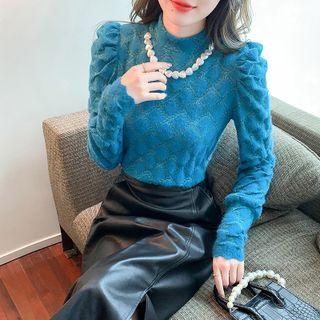 Long-sleeve Beaded Mock-neck Lace Blouse
