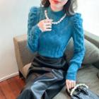 Long-sleeve Beaded Mock-neck Lace Blouse