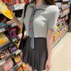 Tie-neck Short-sleeve Top / Pleated Mini A-line Skirt