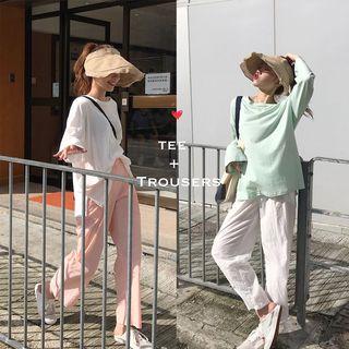 Plain Long-sleeve Loose-fit Top / Plain Wide-leg Pants