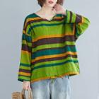 V-neck Long-sleeve Striped Top Stripe - Green - One Size