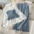 Long-sleeve Paneled Shirt / Midi Fitted Knit Skirt
