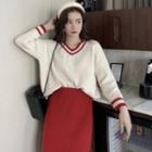 V-neck Sweater / Straight-fit Knit Skirt