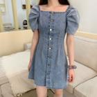 Balloon-sleeve Washed A-line Denim Dress