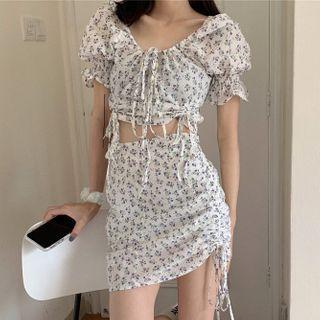 Puff-sleeve Tie-neck Floral Cropped Top / High-waist Drawstring Floral Skirt