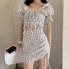 Puff-sleeve Tie-neck Floral Cropped Top / High-waist Drawstring Floral Skirt