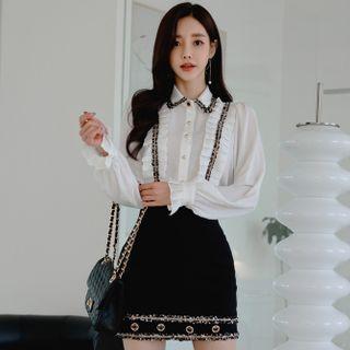 Set: Bell-sleeve Contrast Trim Shirt + Mini Pencil Skirt