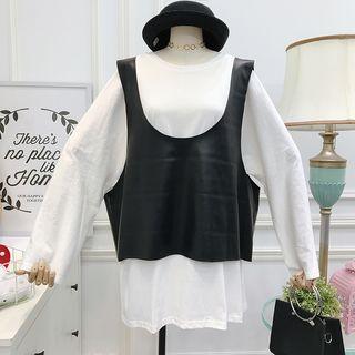 Set: Loose-fit Long T-shirt + Faux-leather Tank Top