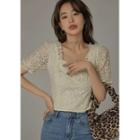Square-neck Full Lace Blouse Beige - One Size