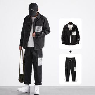 Set: Contrast Stitching Shirt + Drawstring-cuff Wide-leg Pants