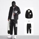 Set: Contrast Stitching Shirt + Drawstring-cuff Wide-leg Pants