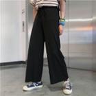 Plain Drawstring High-waist Pants Black - One Size
