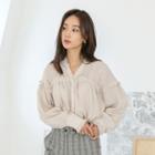 Open-placket Frill-trim Shirred Blouse