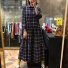 Long-sleeve Plaid Midi Shirt Dress / Animal Print Knit Vest