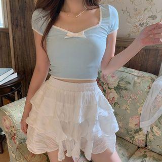 Cap-sleeve Ribbon Top / Layered Mini A-line Skirt / Set