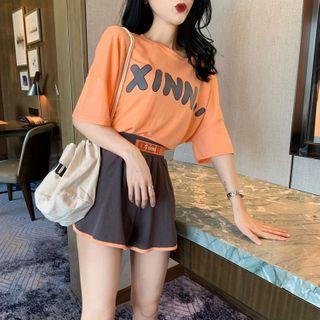 Set: Lettering Elbow-sleeve T-shirt + High-waist Shorts