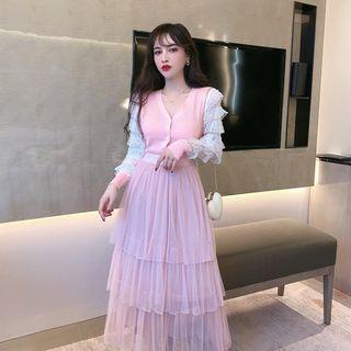 Set: Lace Ruffle Blouse + Midi Tiered Skirt