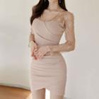 Long-sleeve Lace Panel Asymmetric Ruched Pencil Dress