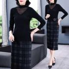 Mock-neck Knit Top / Plaid Midi Pencil Skirt / Set