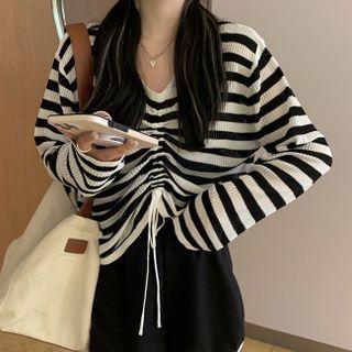 V-neck Striped Drawstring Knit Top