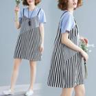 Mock Two-piece Short-sleeve Striped A-line Dress As Shown In Figure - One Size