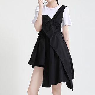 Mock Two-piece Short-sleeve Shirred A-line Dress