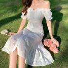 Off-shoulder Short-sleeve Embroidered Flower Dress