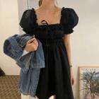 Puff-sleeve A-line Mini Dress Black - One Size
