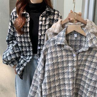 Lapel Houndstooth Long-sleeve Shacket / High-neck Plain Long-sleeve Top