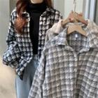 Lapel Houndstooth Long-sleeve Shacket / High-neck Plain Long-sleeve Top