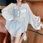 Long-sleeve Sheer Buttoned Hooded Top