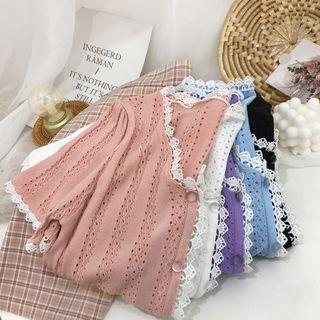 Crochet Trim Short-sleeve Pointelle Knit Cropped Cardigan