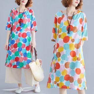 Set: Elbow-sleeve Dotted Midi Dress + Wide Leg Pants