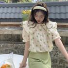 Short-sleeve Dotted Blouse Light Green - One Size