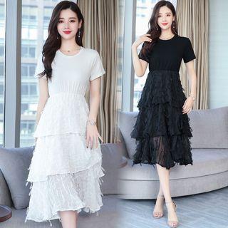 Short-sleeve Feathered A-line Midi Tiered Dress