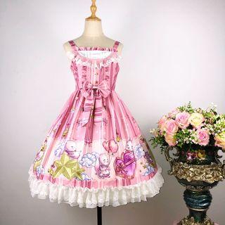 Wide Strap Rabbit Print Midi A-line Dress